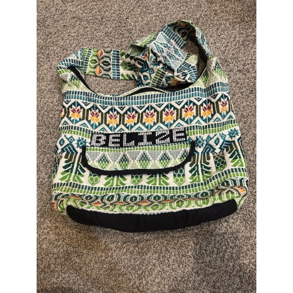 Belize Crossbody Bag Green Hobo‎ Bohemian Fabric Zip Close Outer Pocket